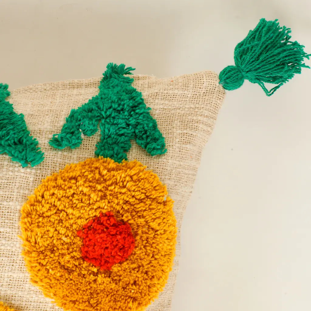 Sunny Boho Slub Tufted Cushion Cover with 3D Flowers & Playful Tassels-ArtyCraftz.com