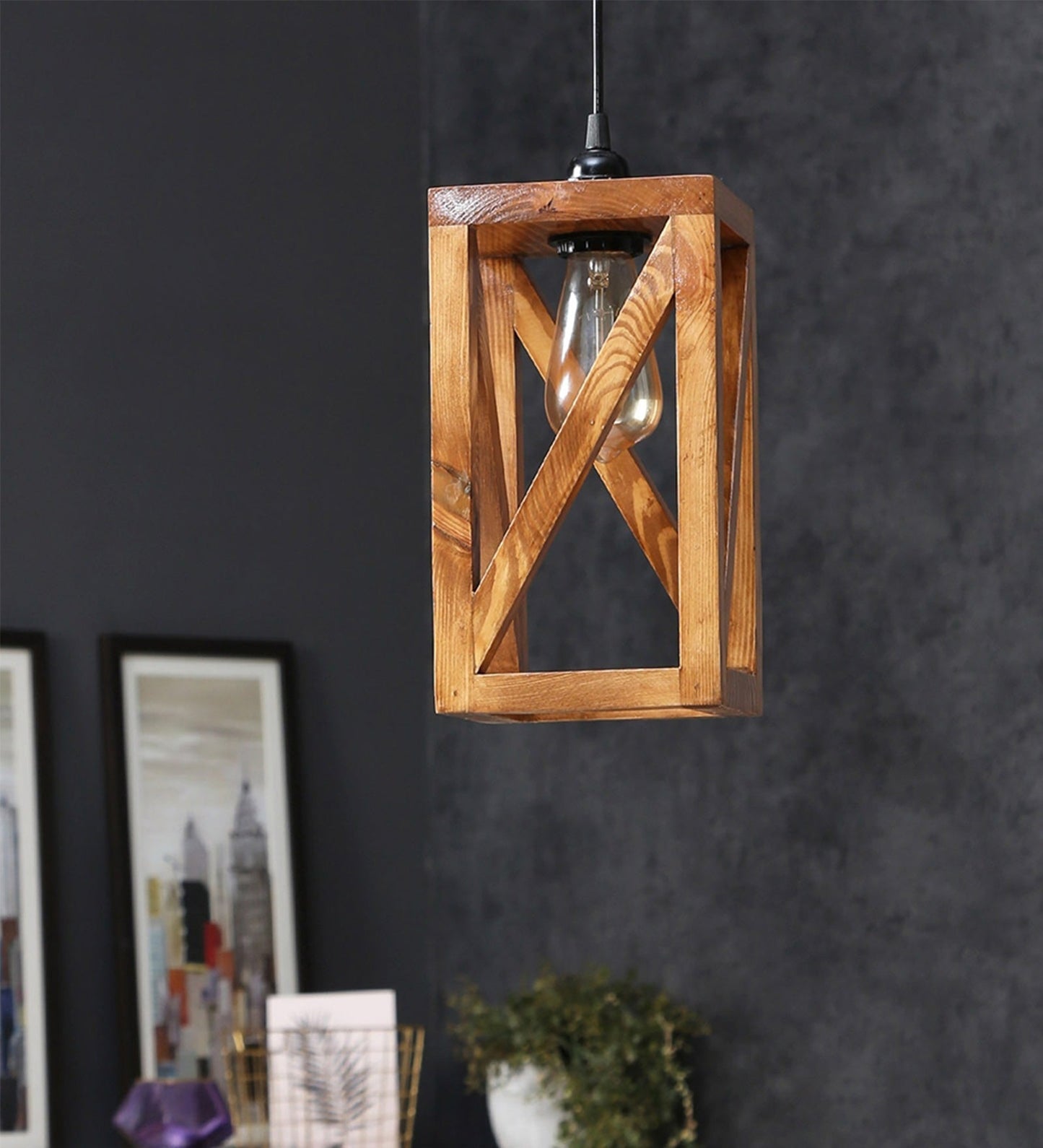 Symmetric Brown Wooden Single Hanging Lamp - ArtyCraftz.com
