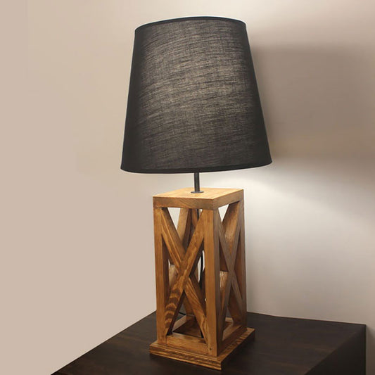 Symmetric Brown Wooden Table Lamp with Black Fabric Lampshade - ArtyCraftz.com