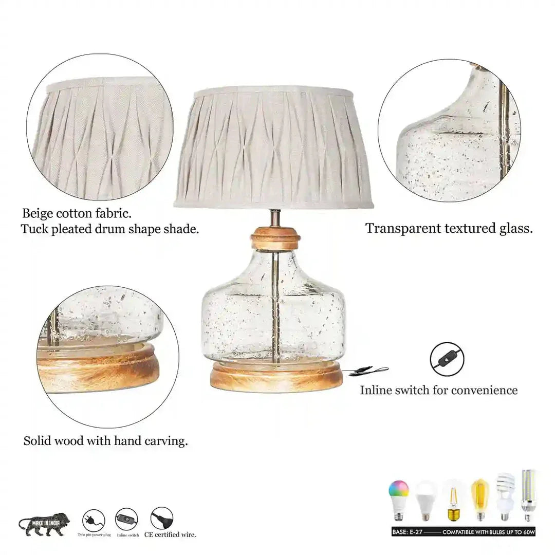 Tuscan Glass and Wood Table Lamp With Natural Linen Shade with Features