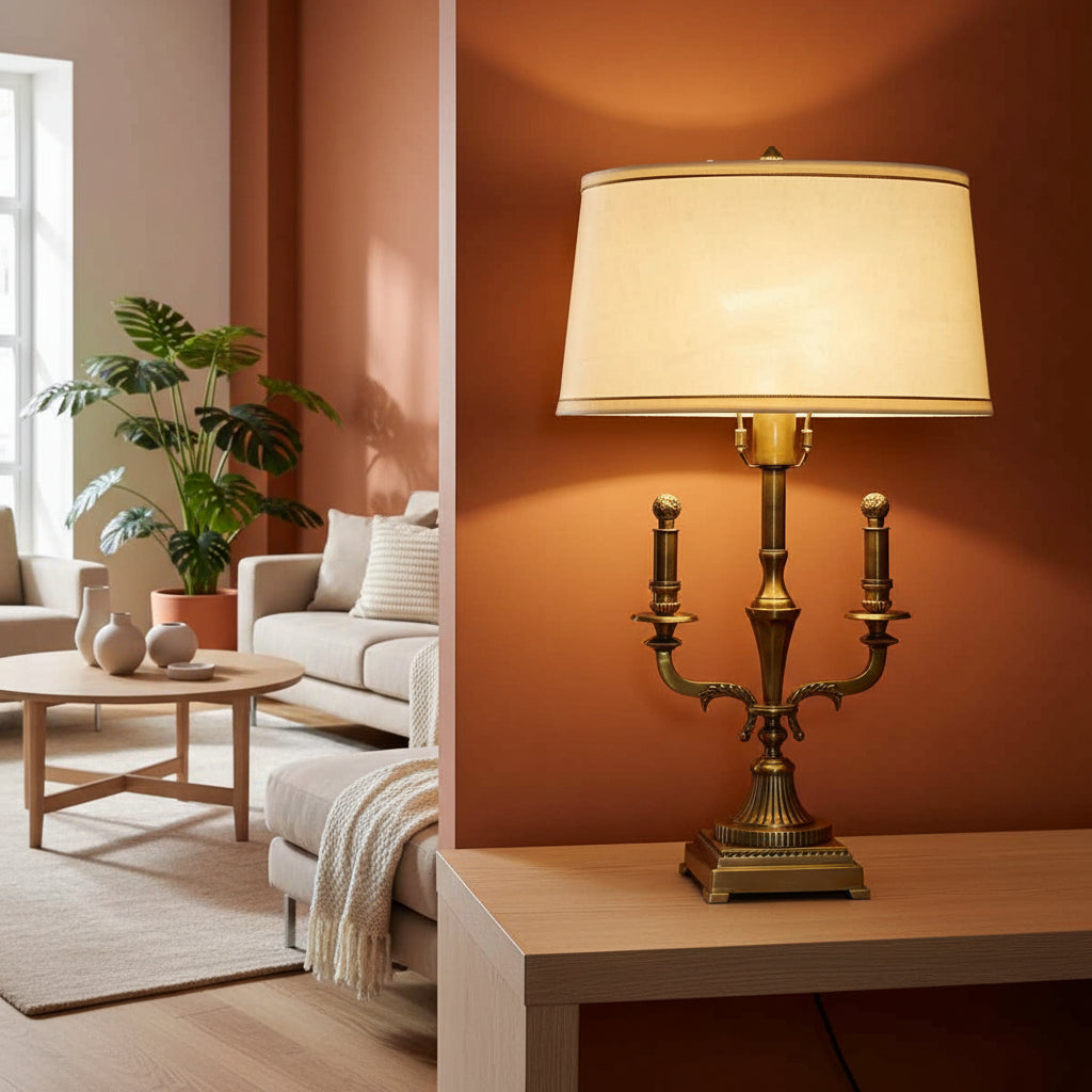 Nixon Brass Table Lamp With Off White Cotton Shade-ArtyCraftz.com