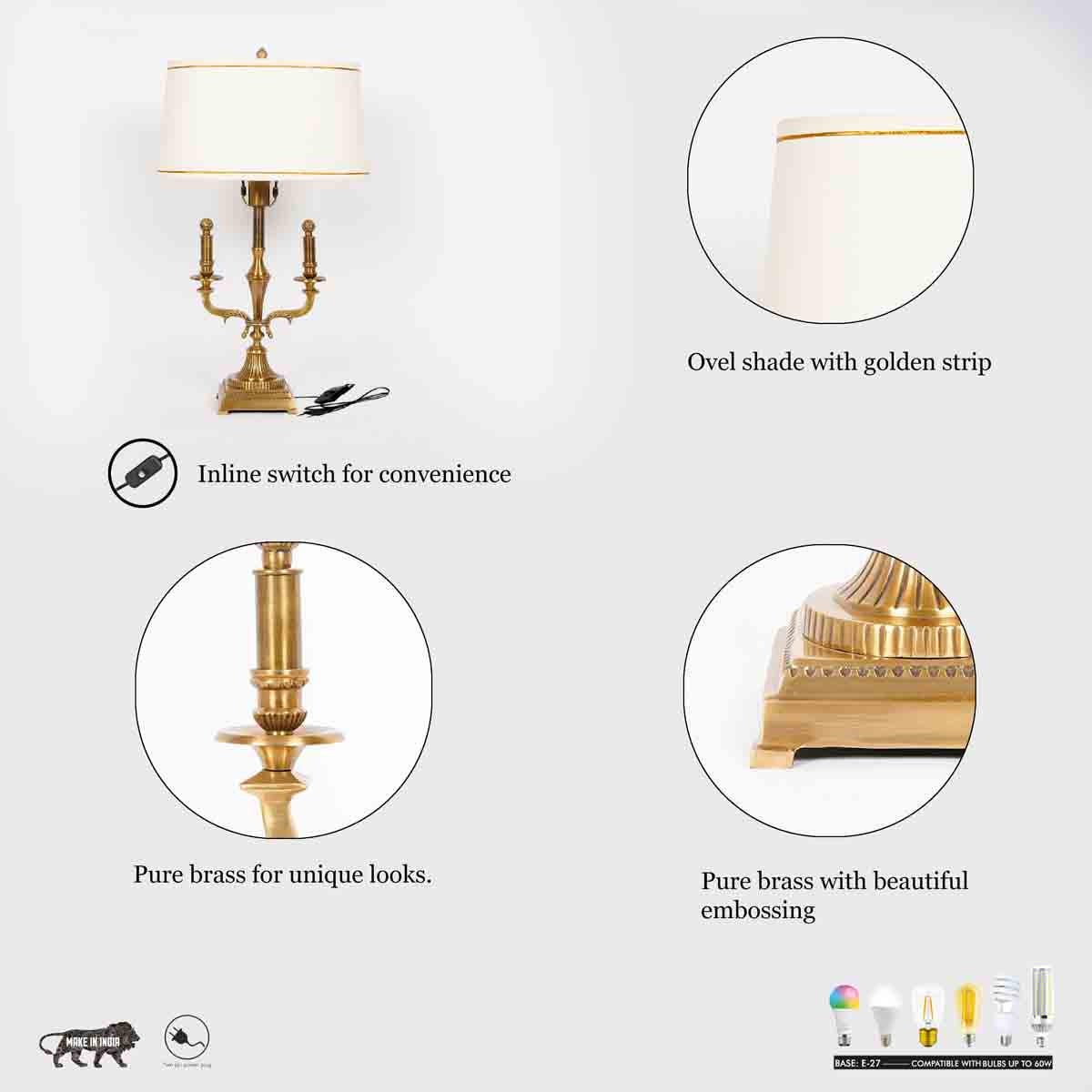 Nixon Brass Table Lamp With Off White Cotton Shade-ArtyCraftz.com