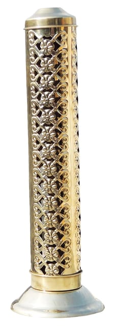Tall brass agarbatti stand with intricate floral lattice cutwork and gold-and-silver-tone finish, 10.6 inches.-artycraftz.com