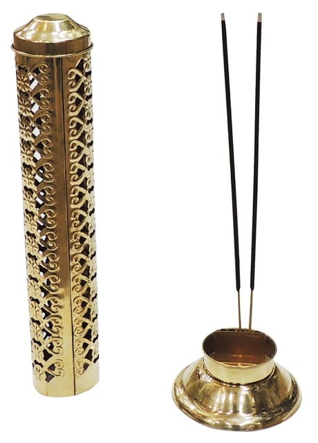 Tall brass agarbatti stand with intricate floral lattice cutwork and gold-and-silver-tone finish, 10.6 inches.-artycraftz.com