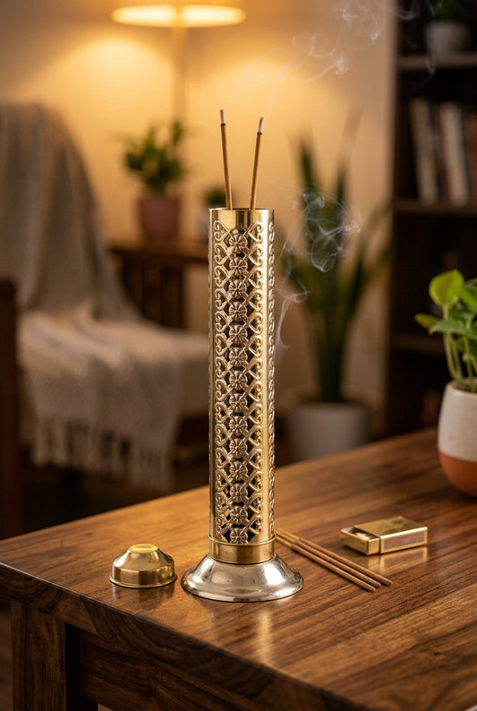 Tall brass agarbatti stand with intricate floral lattice cutwork and gold-and-silver-tone finish, 10.6 inches.-artycraftz.com