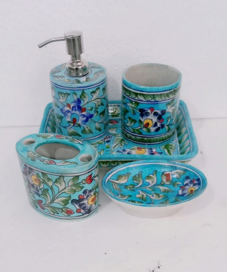 Teal Blue Ceramic Bathroom Accessories Set - ArtyCraftz.com