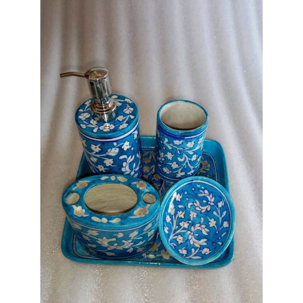 Teal Blue Ceramic Bathroom Accessories Set - ArtyCraftz.com