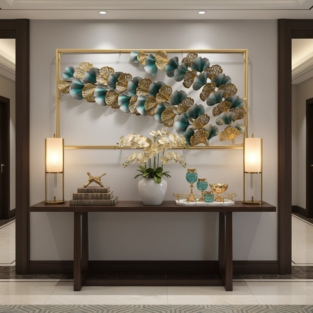 Teal and gold metal flower wall art measuring approximately 48 x 24 inches - ArtyCraftz