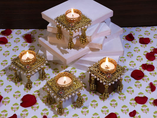 Tealight Candle Holder for Home Decor,Deepawali Gift,Wax Light Diya Lights for Decoration,Golden Lamp for Table Corner,Dheepam for Festival Diwali Onam Diya for Puja (4 Pcs) - ArtyCraftz.com