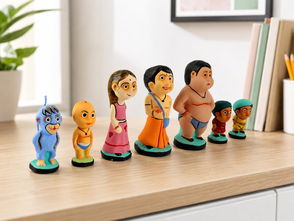 Terracotta Chhota Bheem characters set of 7 colourful figurines-artycraftz.com