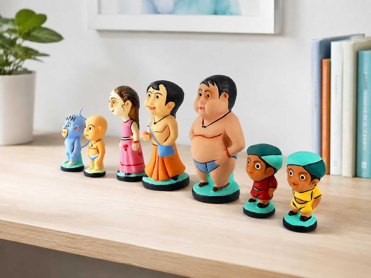 Terracotta Chhota Bheem characters set of 7 colourful figurines-artycraftz.com