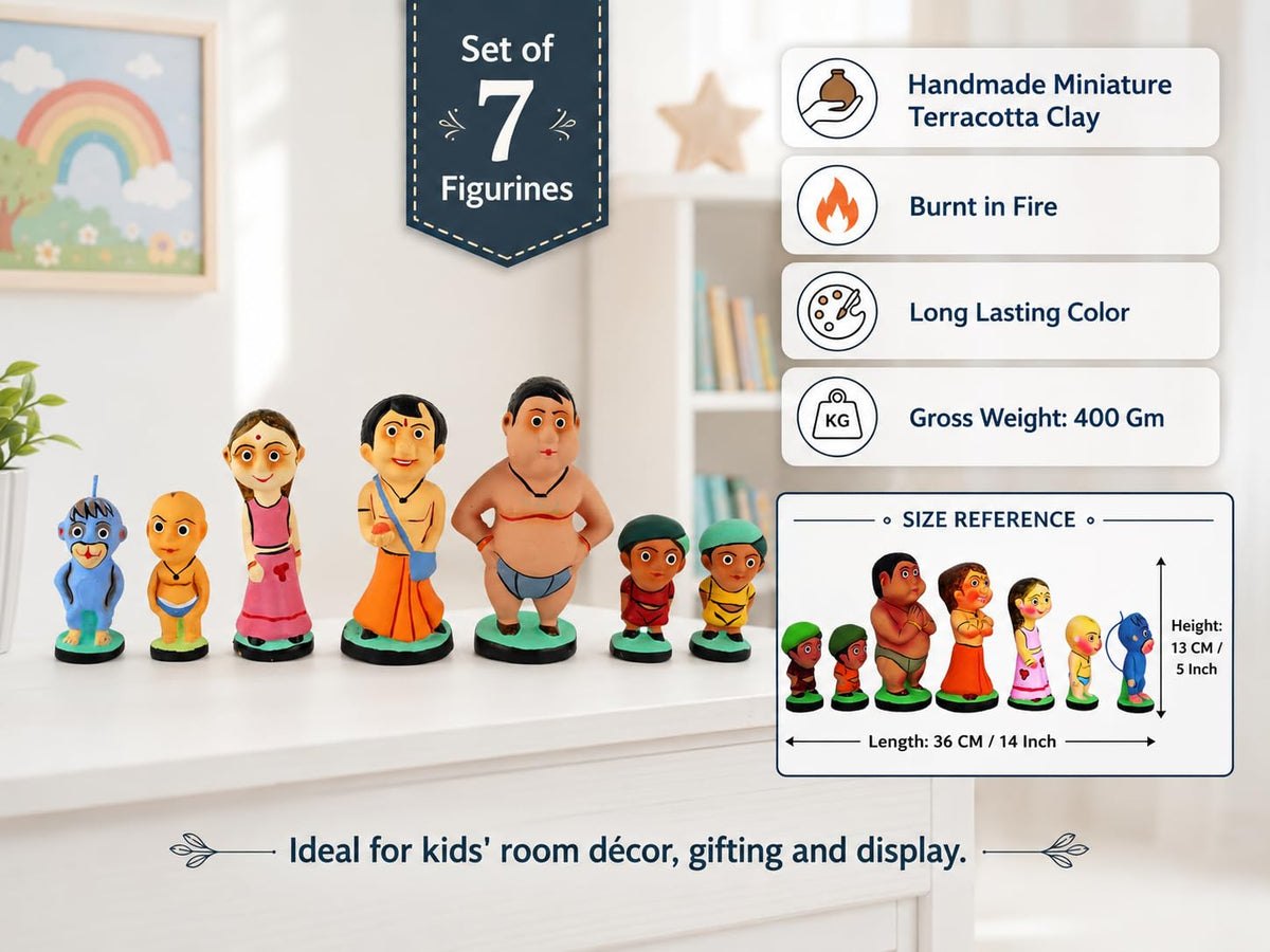 Terracotta Chhota Bheem characters set of 7 colourful figurines-artycraftz.com