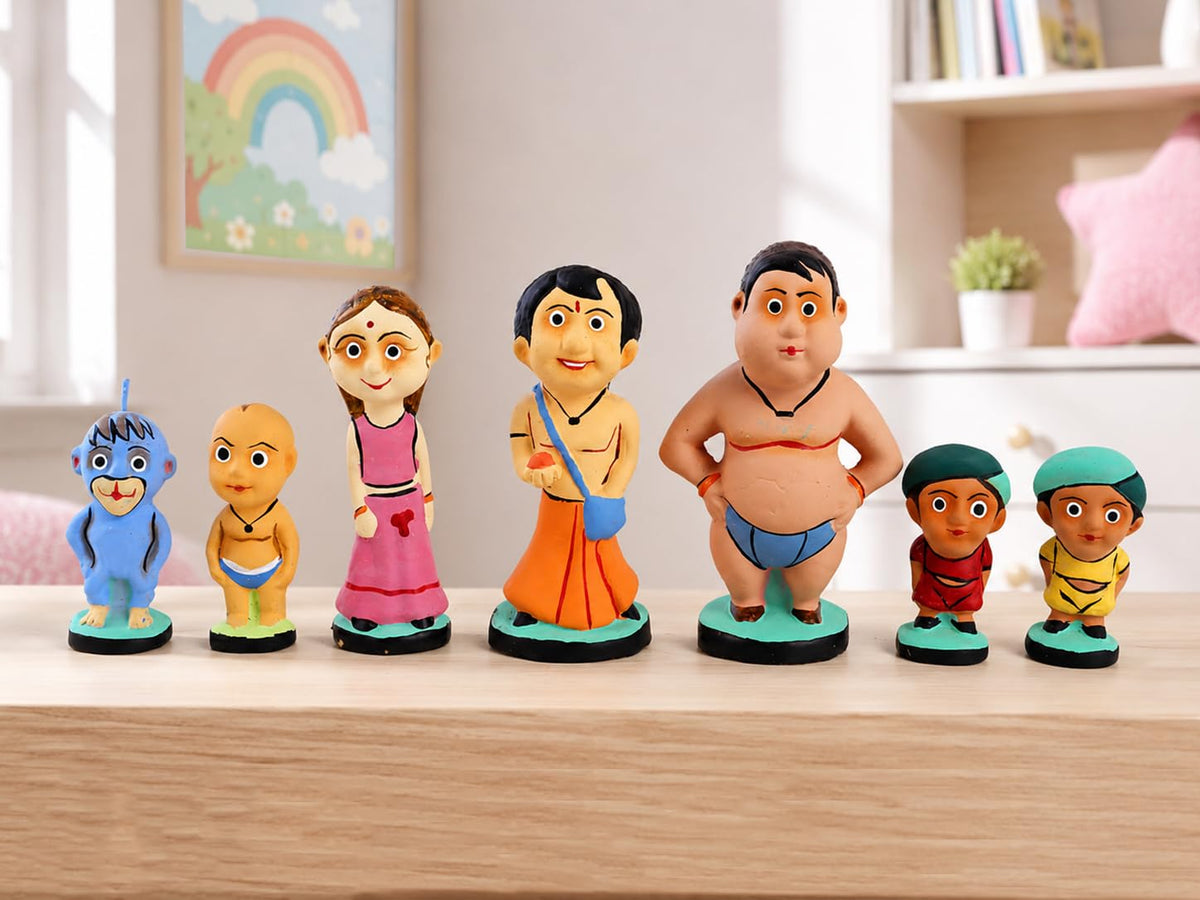 Terracotta Chhota Bheem characters set of 7 colourful figurines-artycraftz.com