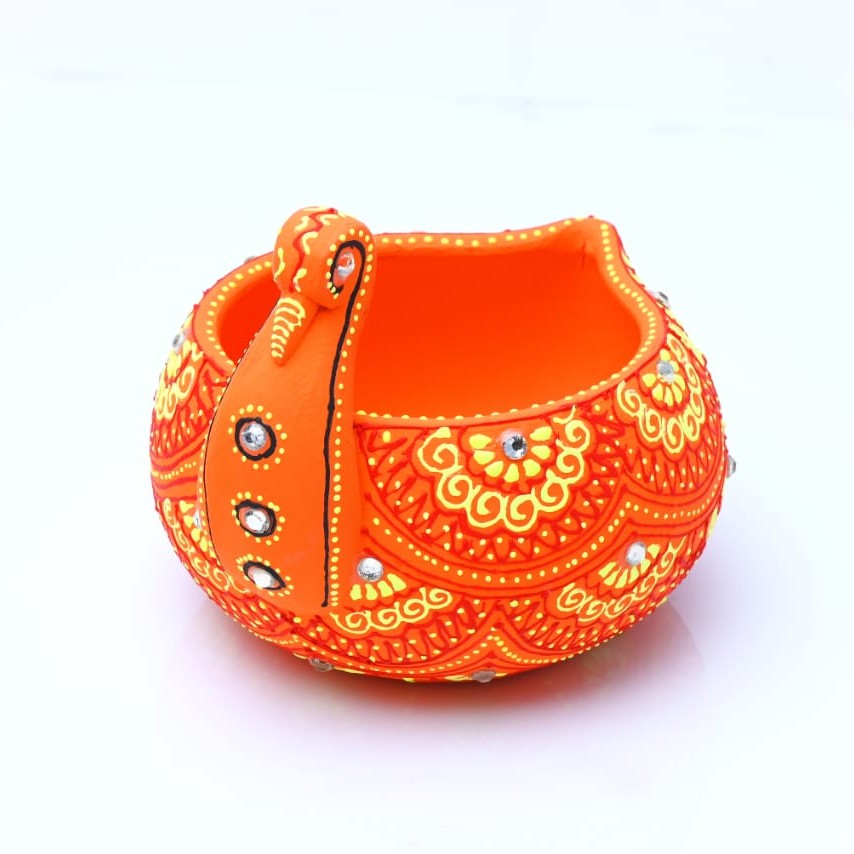 Terracotta Orange Swan Candle Holder with Motifs-ArtyCraftz.com