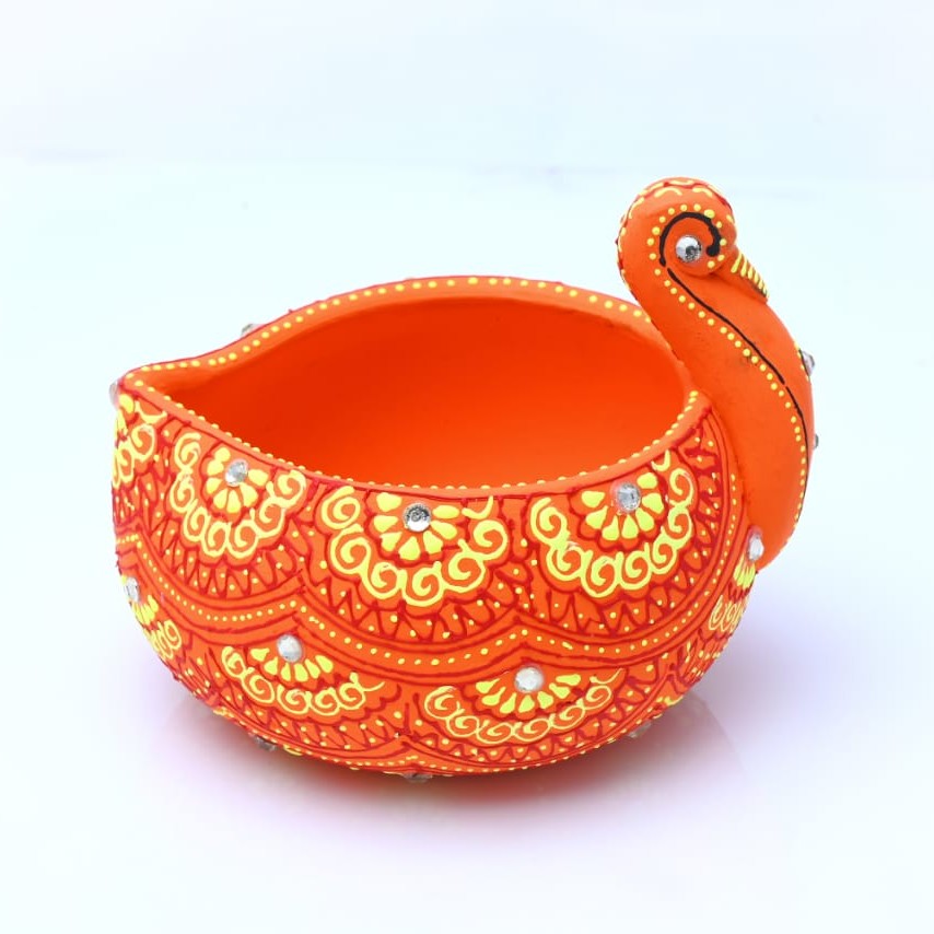 Terracotta Orange Swan Candle Holder with Motifs-ArtyCraftz.com