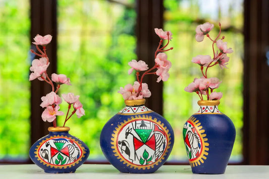 Terracotta Table Pots Warli Handpainted Miniature Blue Set Of 3 - ArtyCraftz.com