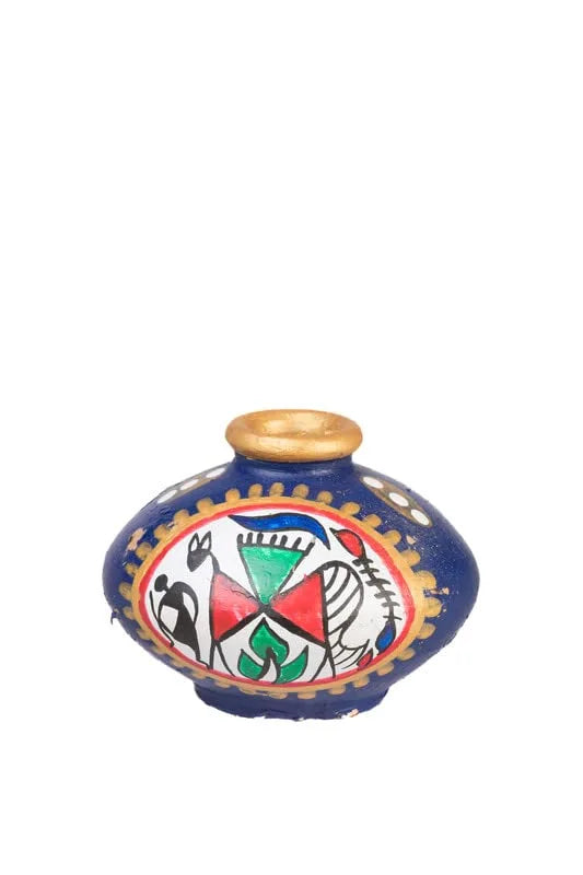 Terracotta Table Pots Warli Handpainted Miniature Blue Set Of 3 - ArtyCraftz.com