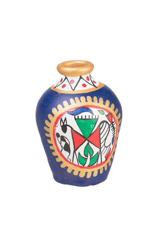 Terracotta Table Pots Warli Handpainted Miniature Blue Set Of 3 - ArtyCraftz.com