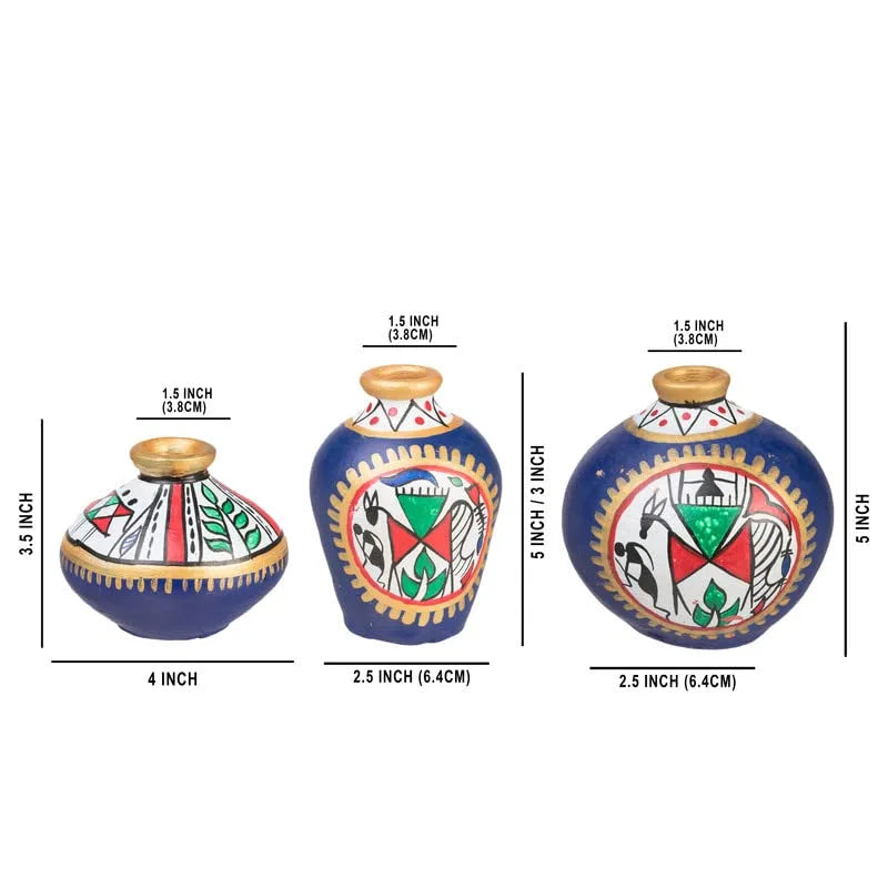 Terracotta Table Pots Warli Handpainted Miniature Blue Set Of 3 - ArtyCraftz.com