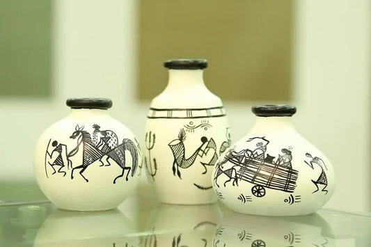 Terracotta Table Pots Warli Handpainted Miniature White Set Of 3 - ArtyCraftz.com