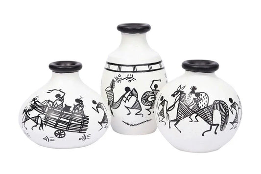 Terracotta Table Pots Warli Handpainted Miniature White Set Of 3 - ArtyCraftz.com