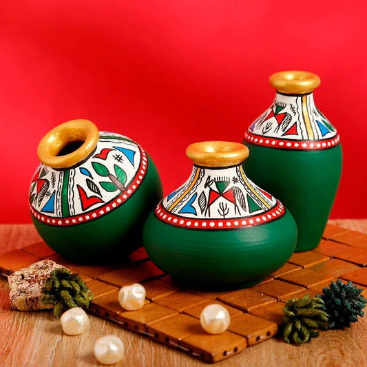 Terracotta Table Pots Warli Miniature Green Handpainted - Flower Vase - ArtyCraftz.com