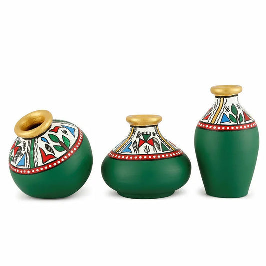 Terracotta Table Pots Warli Miniature Green Handpainted - Flower Vase - ArtyCraftz.com