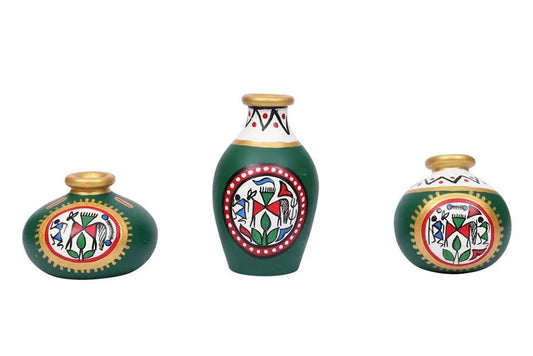 Terracotta Warli Handpainted MIniature Green Table Pots - Flower Vase - ArtyCraftz.com