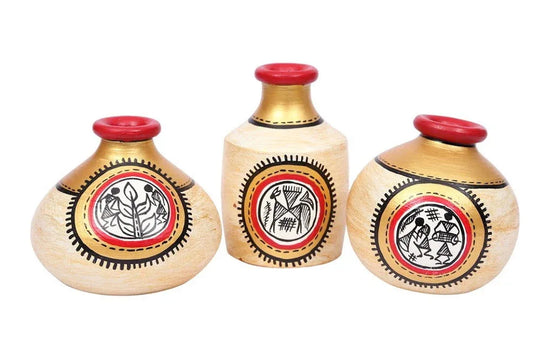 Terracotta Warli Shimmer Miniature Gold Table Pots - Set Of 3 - ArtyCraftz.com