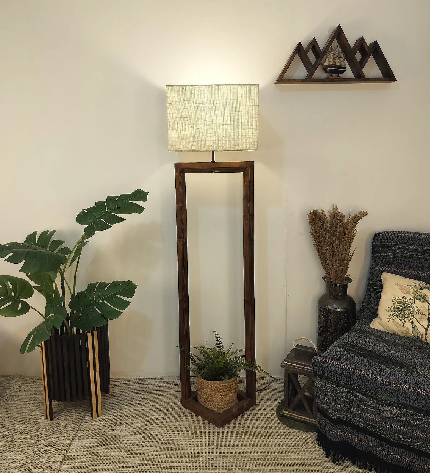 Tesseract Wooden Floor Lamp with Brown Base Beige Fabric Lampshade - ArtyCraftz.com