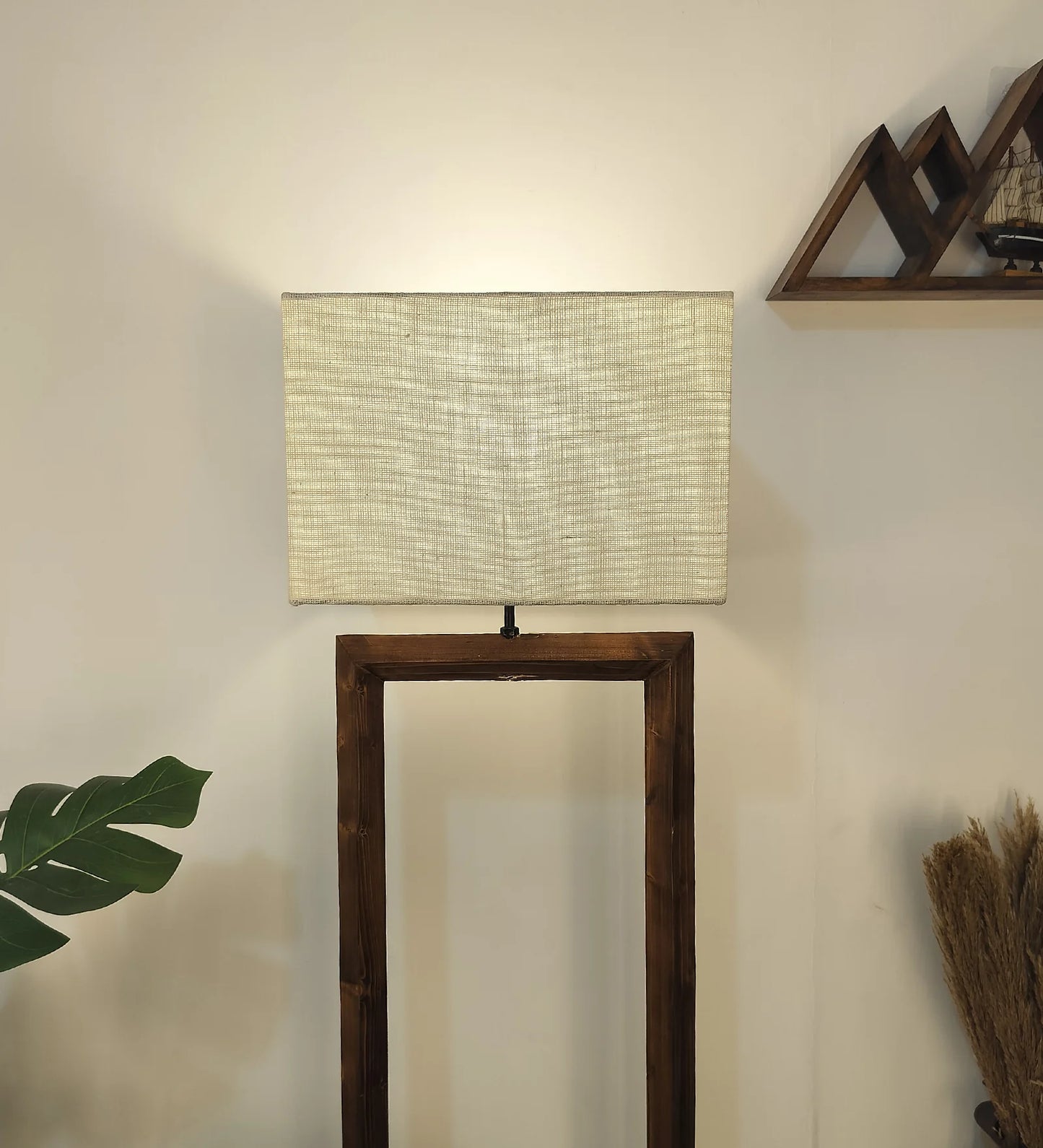 Tesseract Wooden Floor Lamp with Brown Base Beige Fabric Lampshade - ArtyCraftz.com