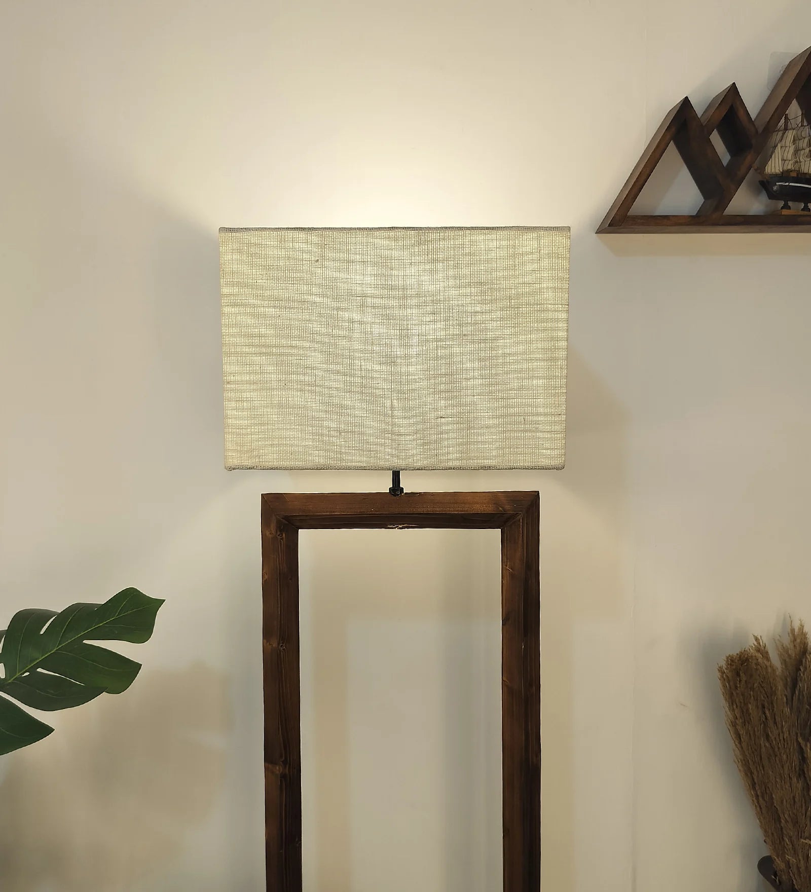 Tesseract Wooden Floor Lamp with Brown Base Beige Fabric Lampshade - ArtyCraftz.com