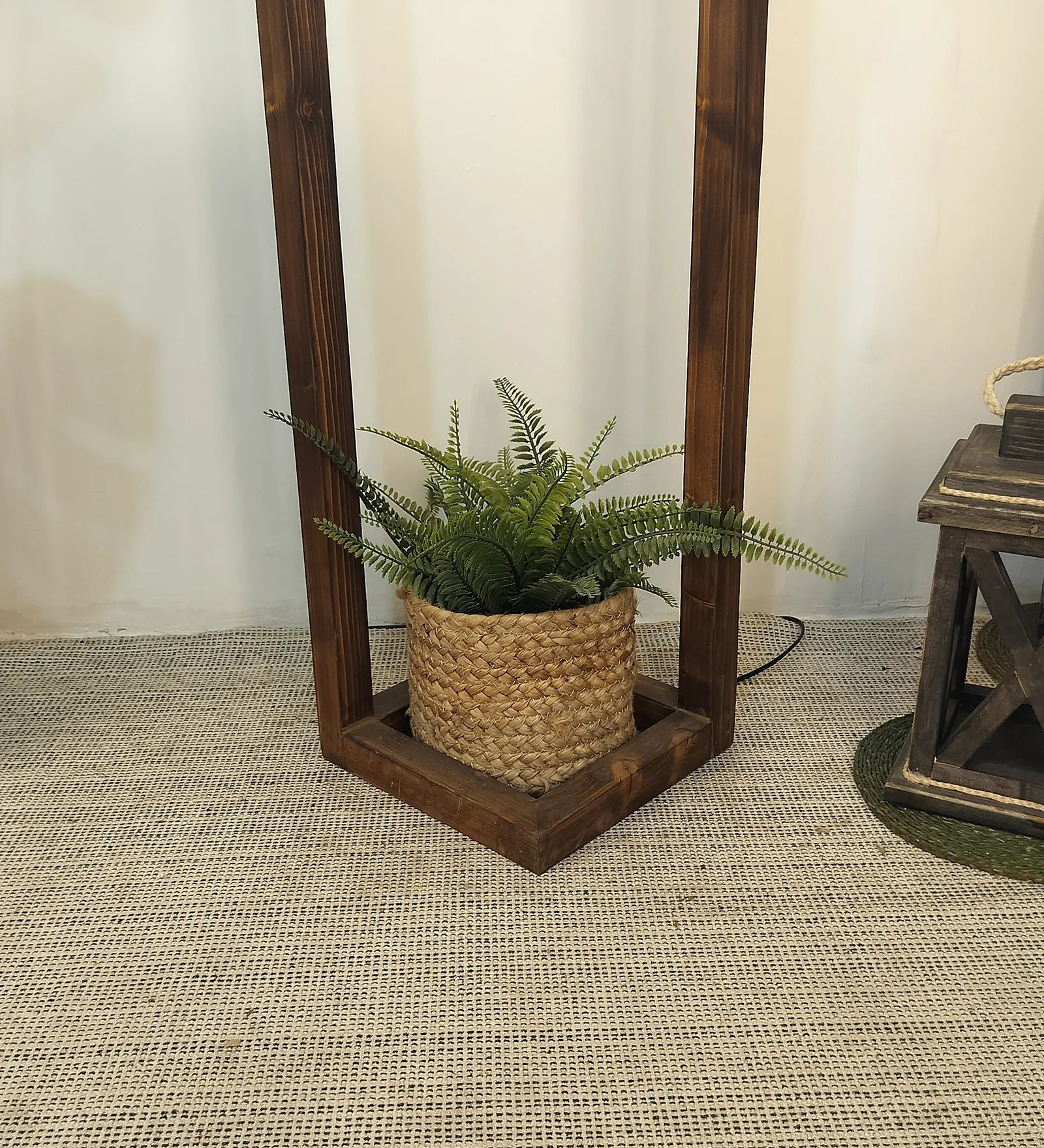 Tesseract Wooden Floor Lamp with Brown Base Beige Fabric Lampshade - ArtyCraftz.com