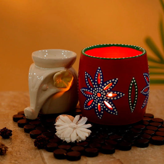 The Glowing Barrel' Hand-Painted Tea-Light Holder In Terracotta - ArtyCraftz.com