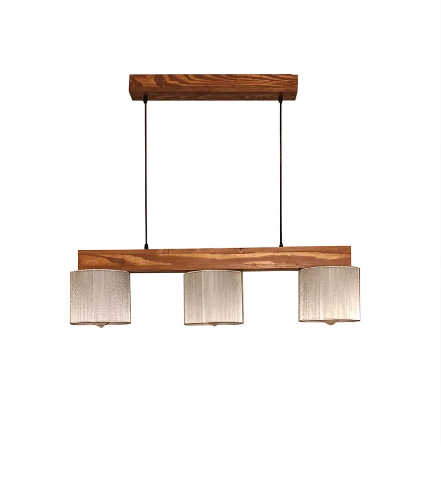 Wooden pendant light with three lampshades on a white background
