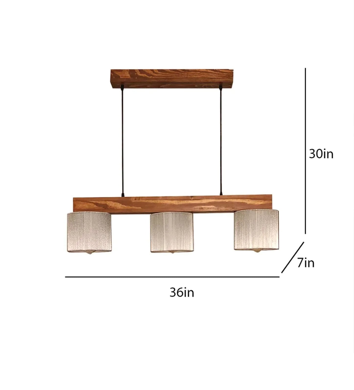 Wooden pendant light with dimensions on a white background