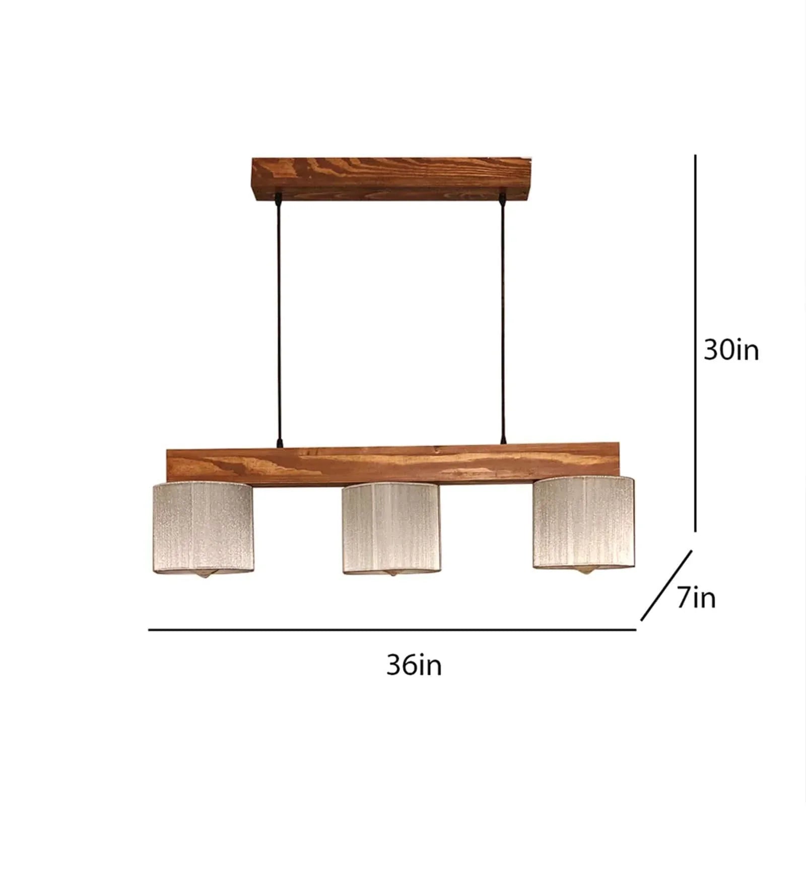 Wooden pendant light with dimensions on a white background