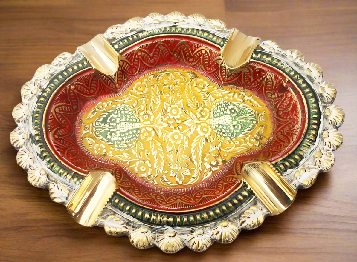 Traditional Brass Ashtray with Vibrant Meenakari Artwork-ArtyCraftz.com