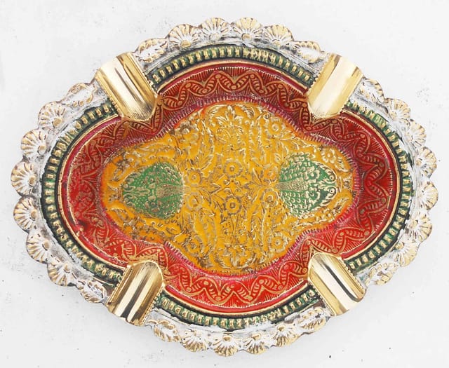 Traditional Brass Ashtray with Vibrant Meenakari Artwork-ArtyCraftz.com