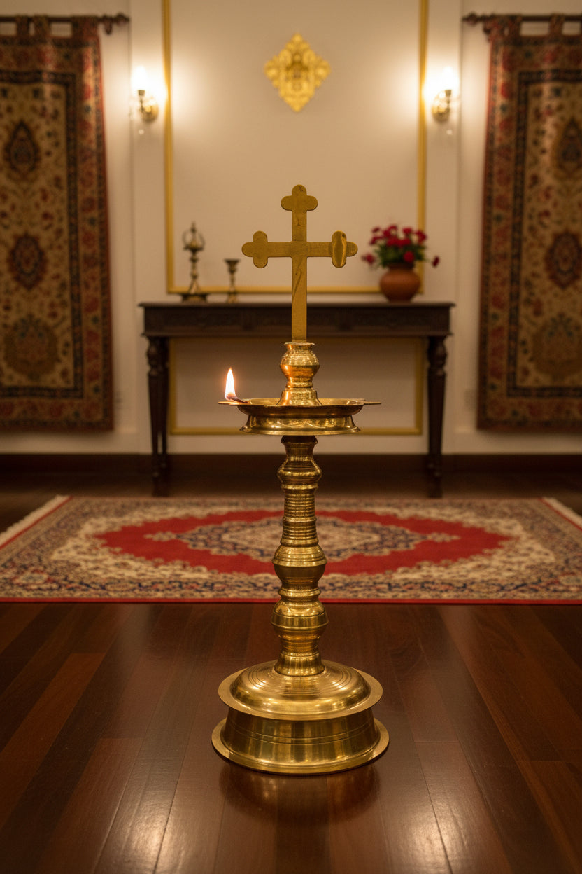 Traditional Brass Church Standing Oil Lamp with Cross-ArtyCraftz.com