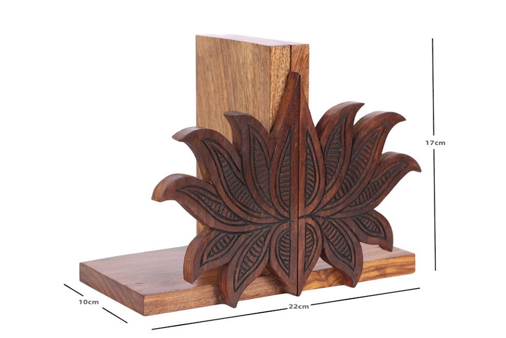 Traditional Handcarved Kamal Design Bookend In Sheesham Wood - Book Organizer - ArtyCraftz.com