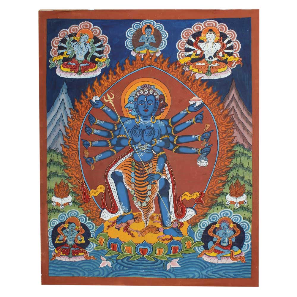 Traditional Kali Thangka painting with Goddess Kali and intricate devotional artwork-ArtyCraftz.com
