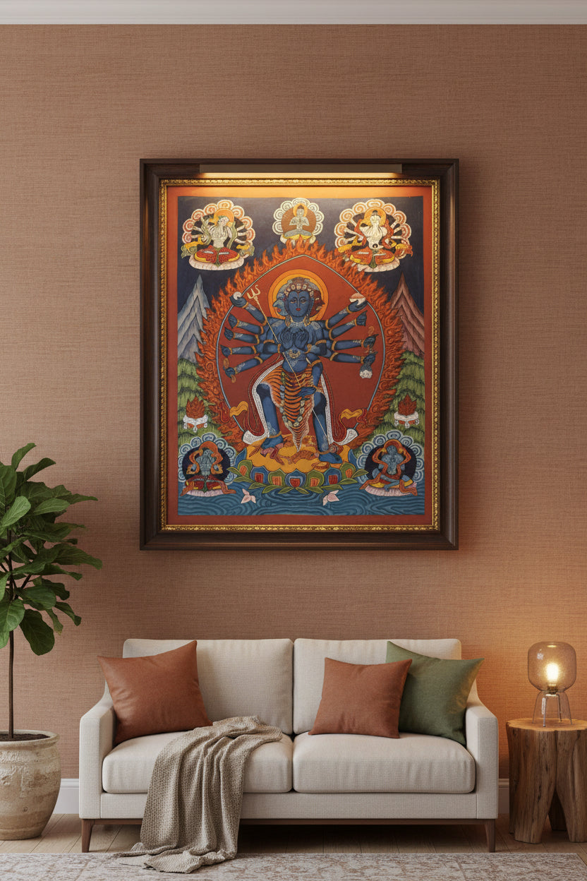 Traditional Kali Thangka painting with Goddess Kali and intricate devotional artwork-ArtyCraftz.com