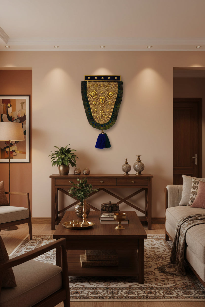 Traditional Kerala Nettipattam Wall Hanging with Golden Embellishments and Peacock Feathers-ArtyCraftz.com
