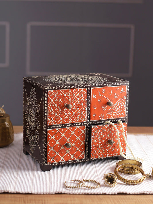 Traditional Mandana Print Orange & Brown Chest with Drawer-ArtyCraftz.com