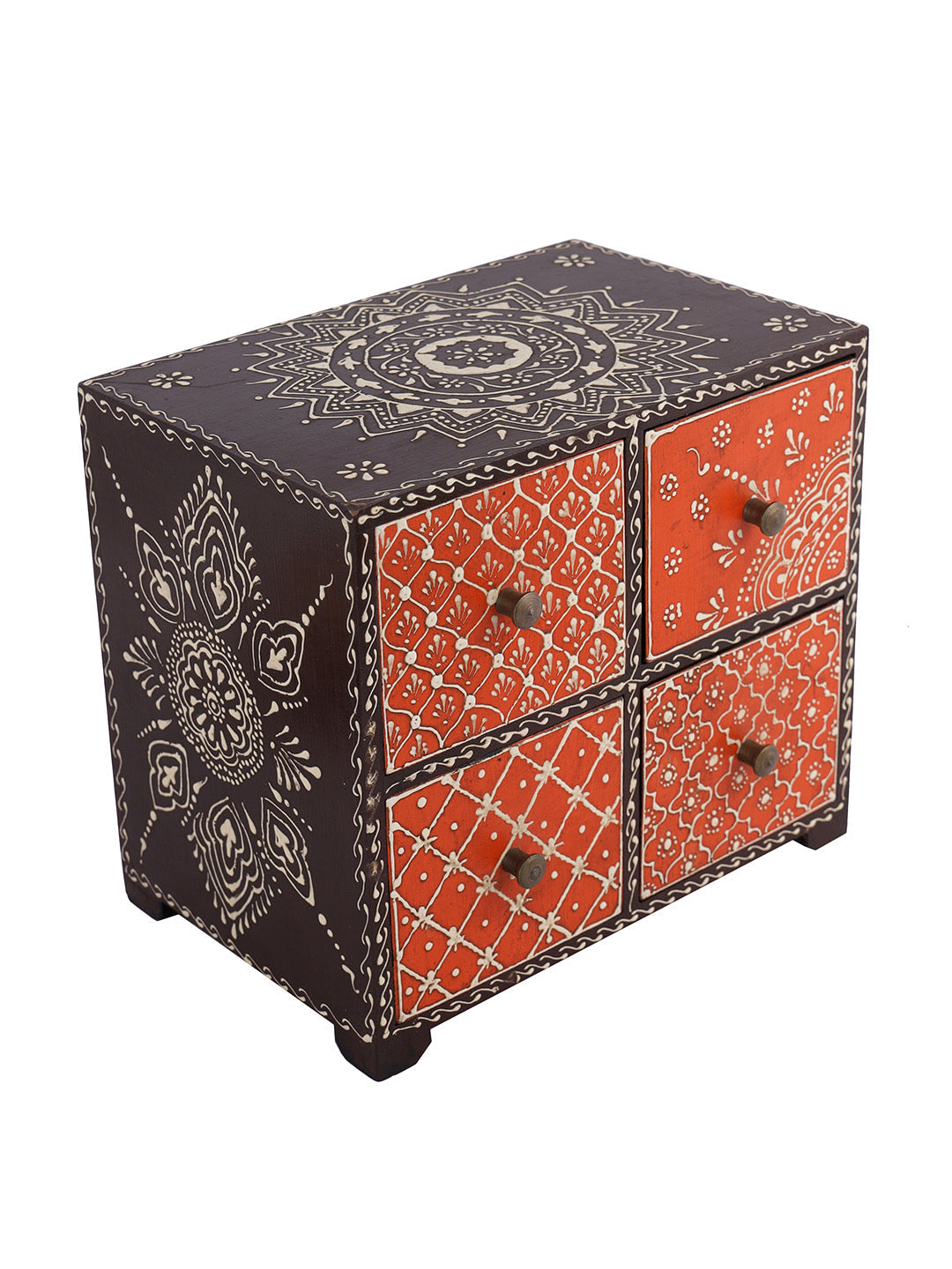 Traditional Mandana Print Orange & Brown Chest with Drawer-ArtyCraftz.com