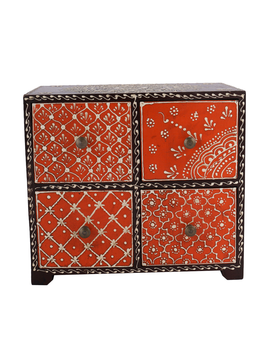 Traditional Mandana Print Orange & Brown Chest with Drawer-ArtyCraftz.com