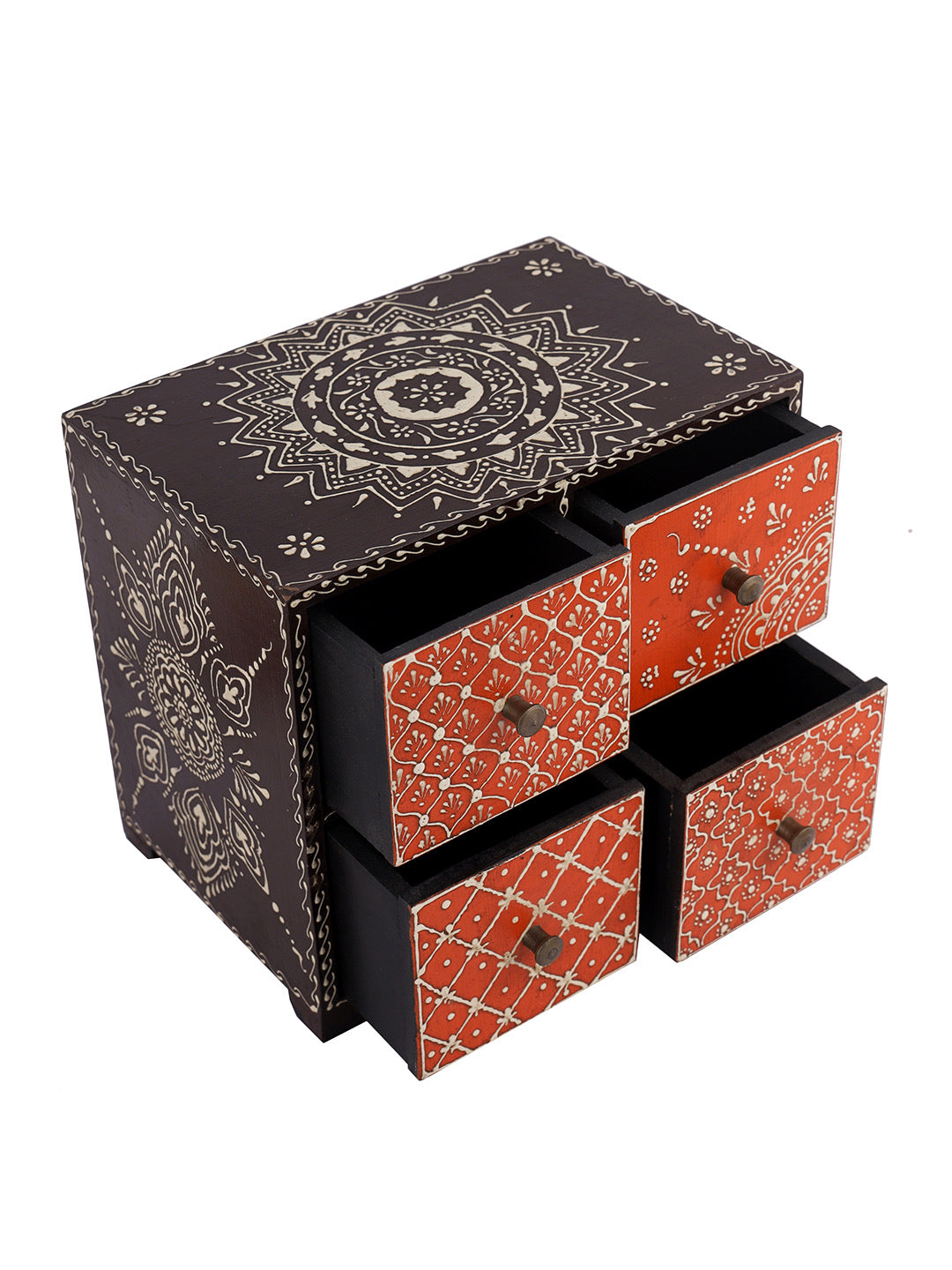Traditional Mandana Print Orange & Brown Chest with Drawer-ArtyCraftz.com