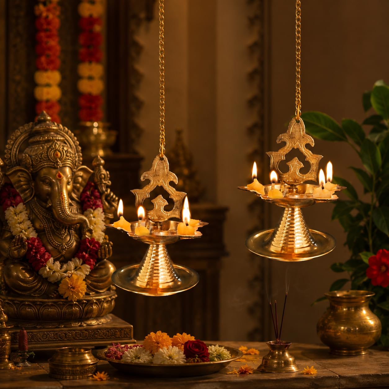 Traditional brass Thooku Vilakku hanging oil lamp with chain for pooja decor-Artycraftz.com