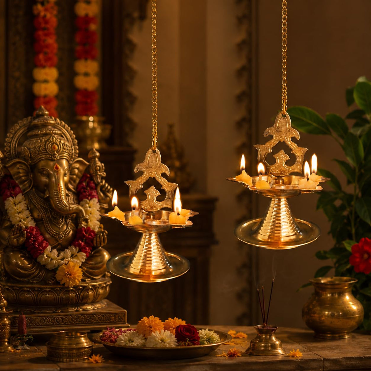 Traditional brass Thooku Vilakku hanging oil lamp with chain for pooja decor-Artycraftz.com